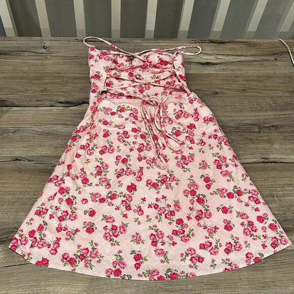 ZARA Floral Lace Up Cutout Strappy Linen Blend Mini Dress | XS - Picture 4 of 9